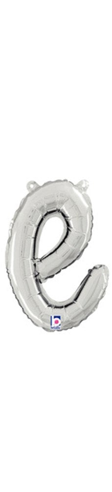 Silver foil balloon shaped like a lowercase script letter "e" with air-filled design and inflation straw attached.