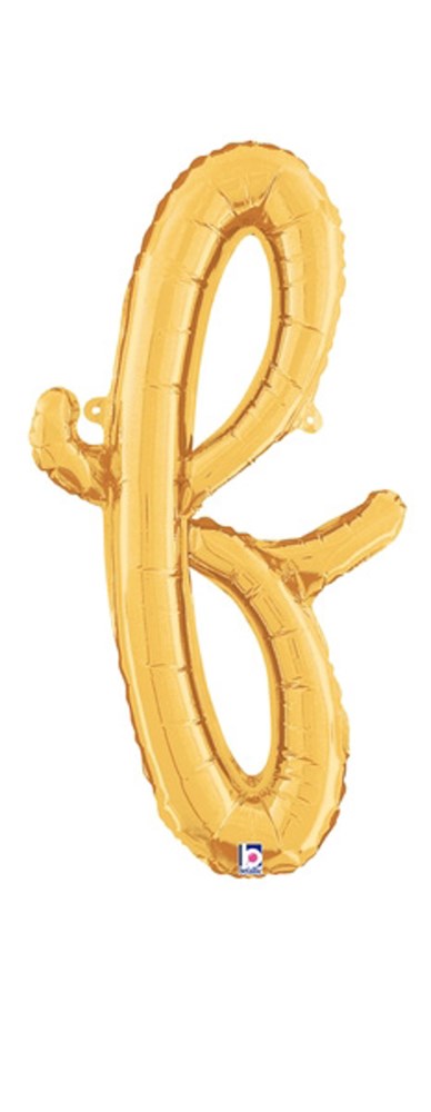 Gold foil balloon shaped like a script letter "f" with a shiny metallic finish and a small inflation valve at the bottom.