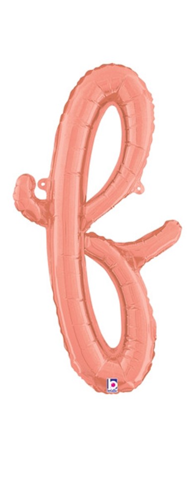 Rose gold foil balloon shaped like a cursive lowercase letter "f," 22 inches tall.