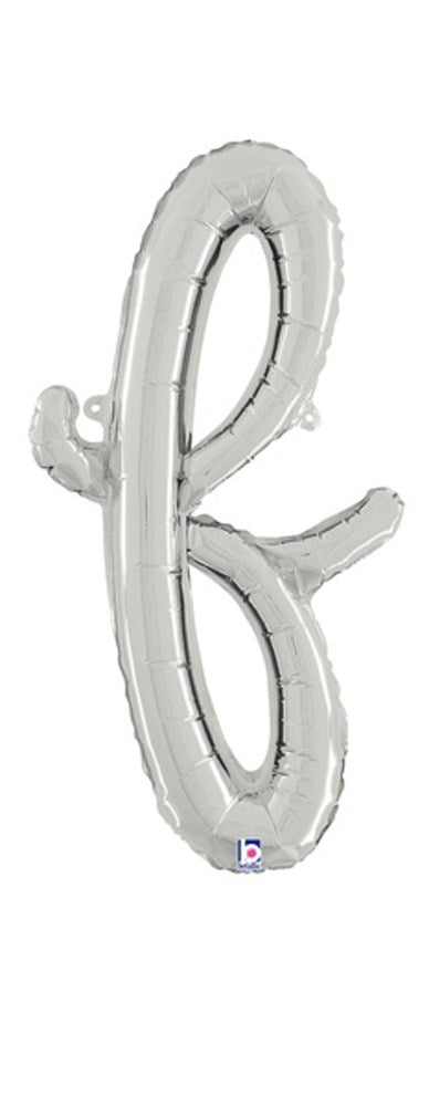 Silver foil balloon shaped like a lowercase script letter "f," 22 inches tall, air-filled.