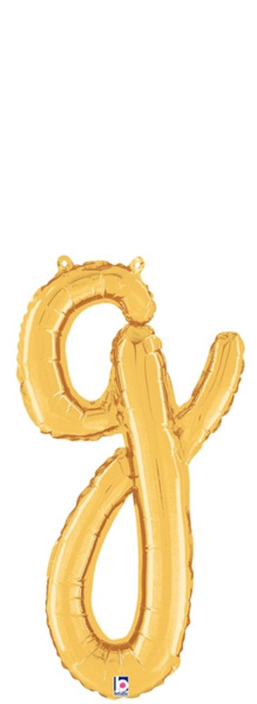 Gold foil balloon shaped like a lowercase script letter "g" with two small inflation tabs.
