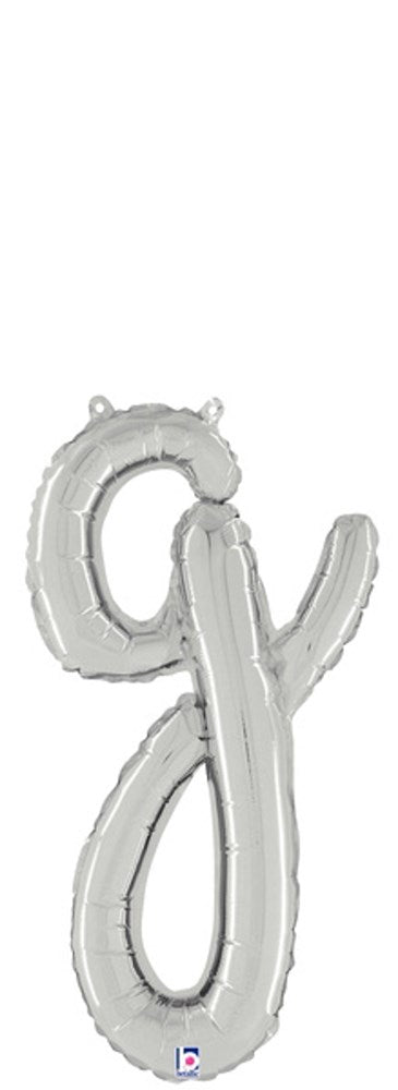 Silver 20-inch air-filled foil balloon shaped like a lowercase script letter "g" with a glossy finish.