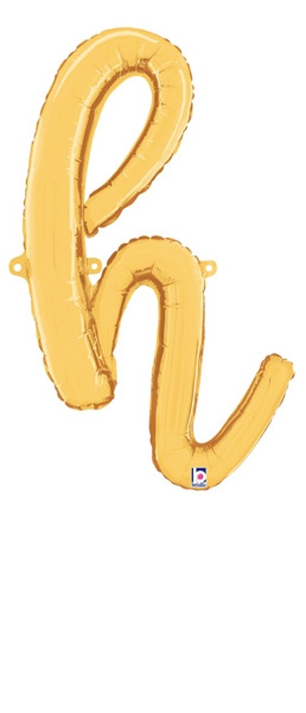 Gold foil balloon shaped as a lowercase script letter "h," 22 inches tall, air-filled with included straw.