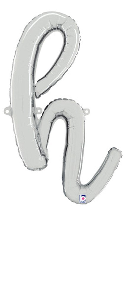 Silver foil balloon shaped as a lowercase script letter "h," 22 inches tall, with an attached straw for inflation.