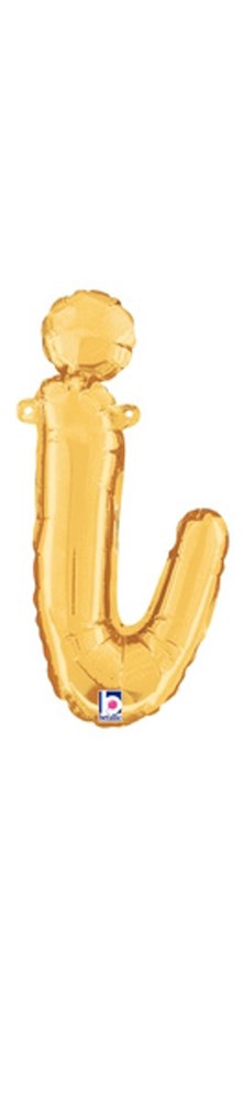 Gold foil balloon shaped as a lowercase script letter "i," air-filled and 13 inches tall.