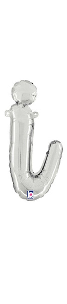 Silver foil balloon shaped like a lowercase script letter "i" with a shiny surface and 13-inch height.