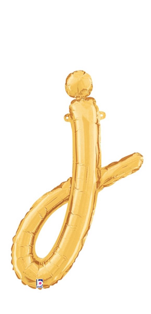 Gold foil balloon shaped like a lowercase script letter "j" with a shiny finish and air-filled design.