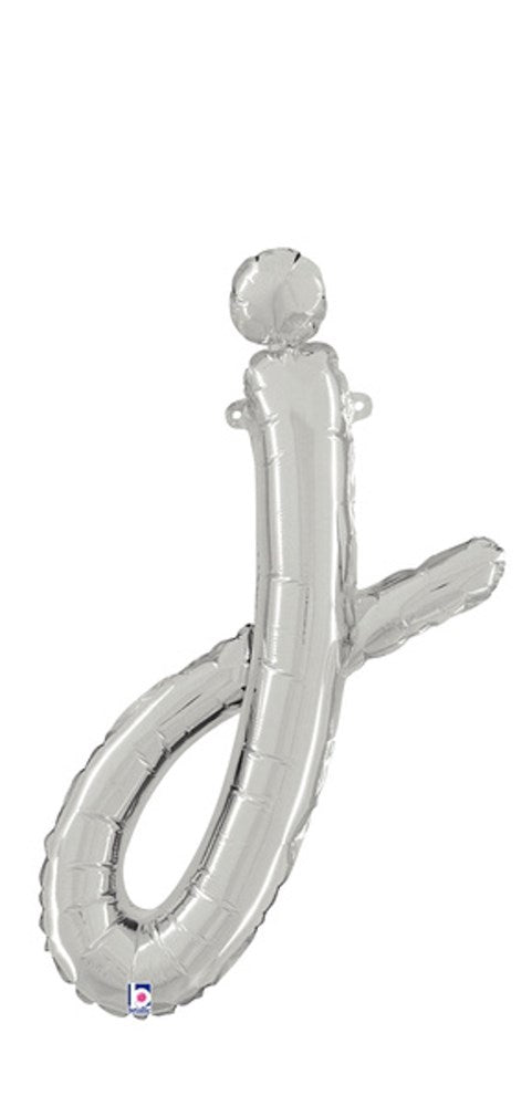 Silver foil balloon shaped like a lowercase script letter "j," 20 inches tall, air-filled.