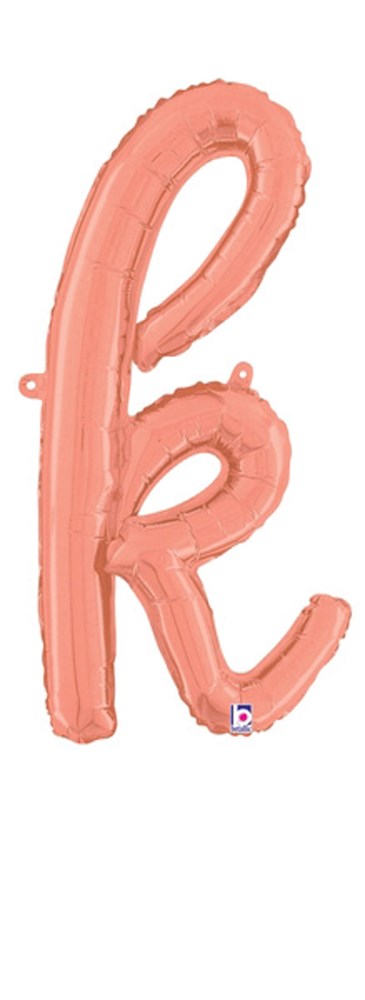 Rose gold foil balloon shaped like lowercase script letter "k," 20 inches tall, air-filled with attached straw.
