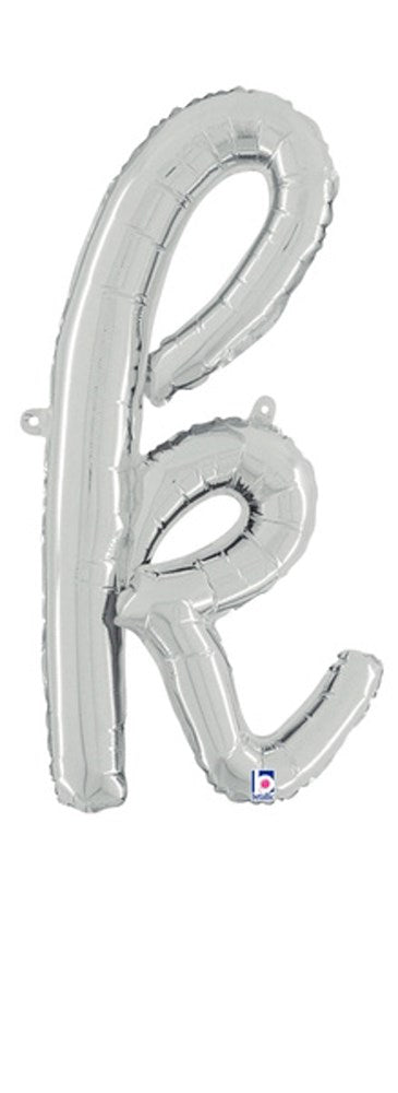 Silver script letter "k" foil balloon, 20-inch air-filled with smooth reflective surface.