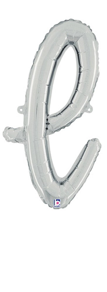 Silver foil balloon shaped as a cursive lowercase letter "l" with air-filled texture.