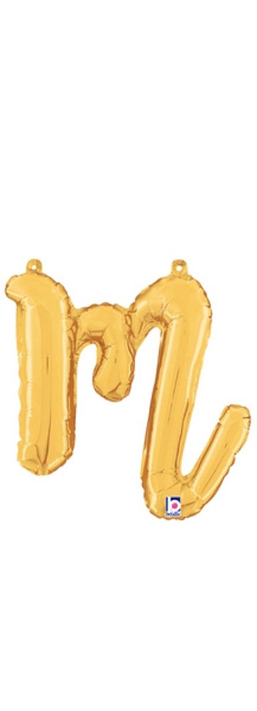 Gold foil balloon shaped like a lowercase script letter "m," 11 inches tall, with a small air valve visible.