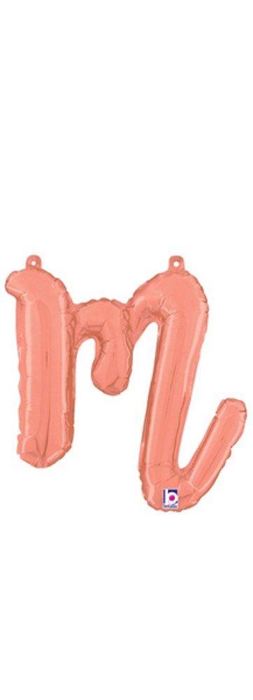 Rose gold foil balloon shaped as a lowercase script letter "m," 11 inches tall, air-filled with a shiny metallic finish.