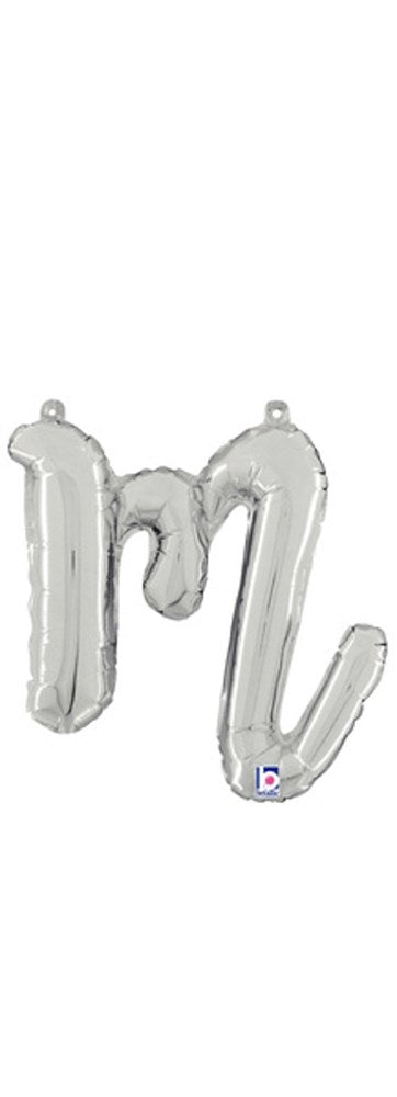 Silver foil balloon shaped as lowercase script letter "m," 11 inches tall, air-filled with attached straw for inflation.