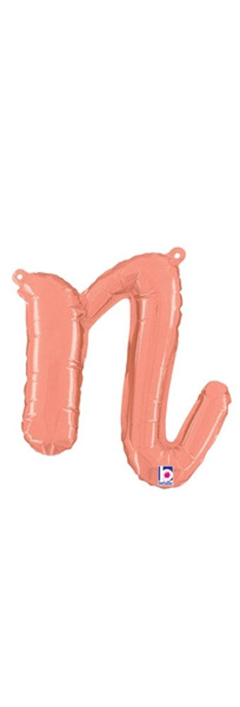 Rose gold foil balloon shaped as lowercase script letter "n," 9 inches, with tab for hanging.