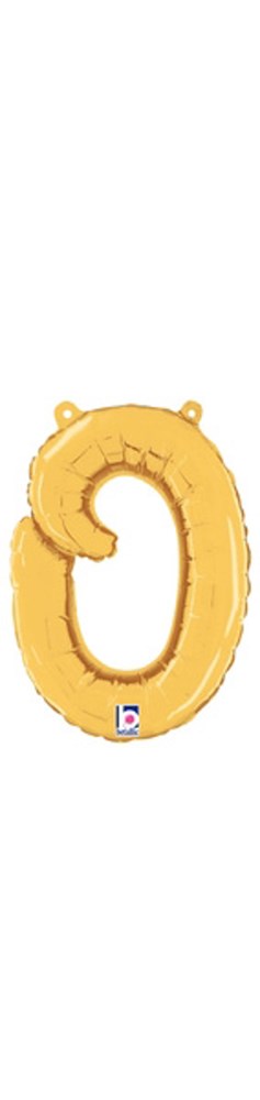 Gold foil balloon shaped like a script letter "o," 10 inches tall, shiny surface.