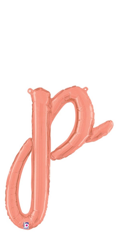 Rose gold foil balloon shaped like a lowercase script letter "p," 20 inches tall, air-filled with sealed edges.