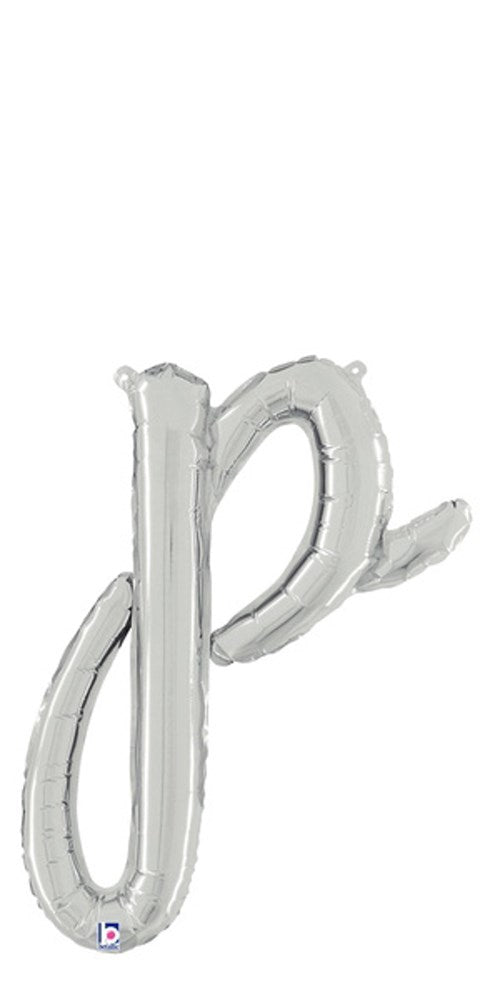 Silver foil balloon shaped like a lowercase script letter "p," 20 inches tall, inflated and shiny.