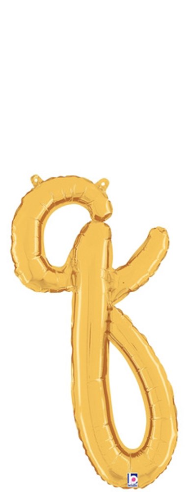 Gold foil balloon shaped as a lowercase script letter "q," 22 inches tall, with a shiny finish and air-filled design.