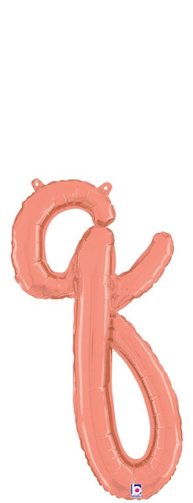 Rose gold foil balloon shaped as lowercase script letter "q," 22 inches tall, with inflation tab at top.