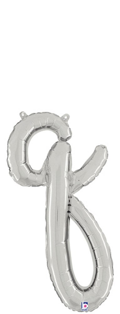 Silver foil balloon shaped as a cursive lowercase letter "q" measuring 22 inches.