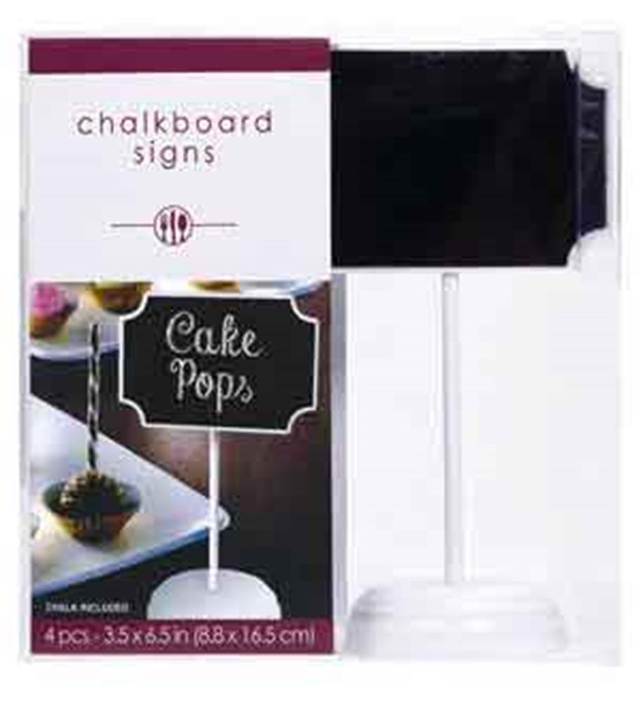 Small rectangular black chalkboard sign with white border on a clear stand, packaging shows "Cake Pops" written in white.