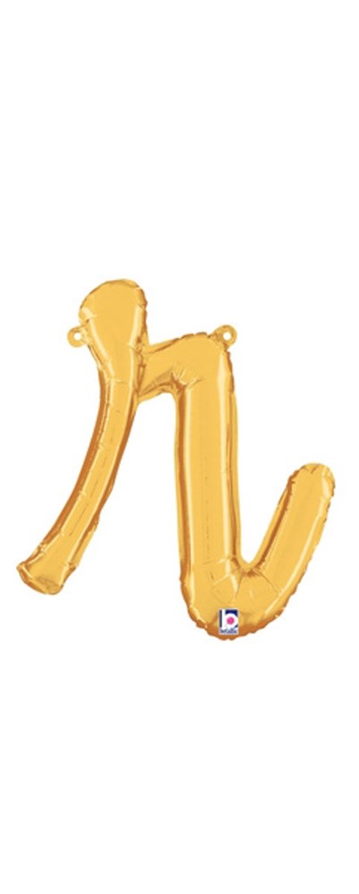 Gold metallic foil balloon shaped like a lowercase script letter "r" inflated and smooth.