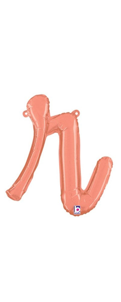 Rose gold foil balloon shaped like a script letter "r," 10 inches, air-filled with attached straw.
