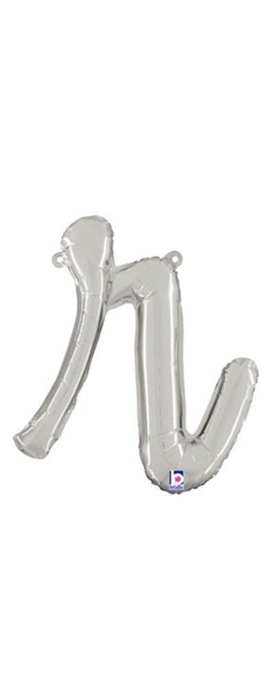 Silver foil balloon shaped as a cursive lowercase letter "r," 10 inches tall, air-filled with attached straw.