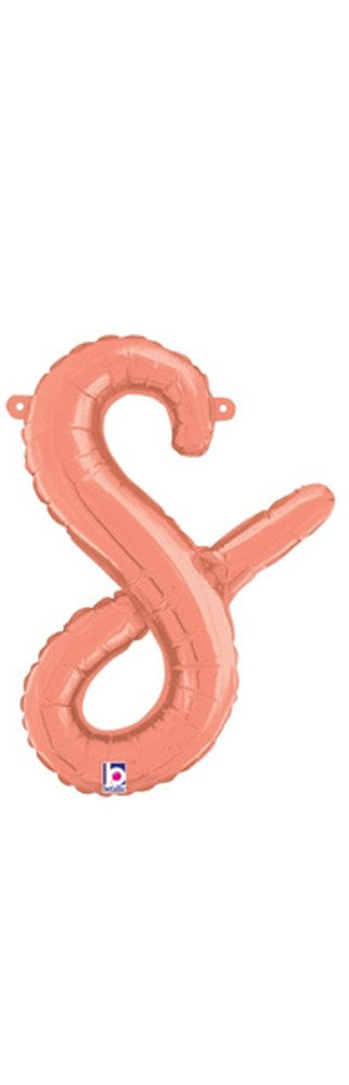 Rose gold foil balloon shaped as lowercase script letter "s," 14 inches tall, air-filled with attached straw.