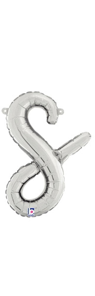 Silver foil balloon shaped as a cursive lowercase letter "s," 14 inches tall, with a tab for inflating.