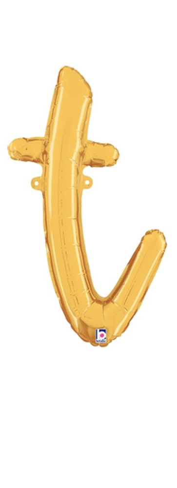 Gold foil balloon shaped as a lowercase script letter "t" inflated and shiny.