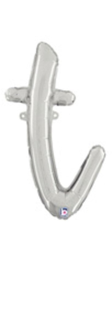 Silver foil balloon shaped like a lowercase script letter "t," air-filled, 18 inches tall.