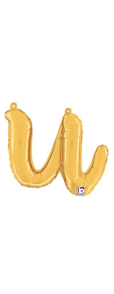 Gold metallic foil balloon shaped as a lowercase script letter "u," 12 inches tall, air-filled design.