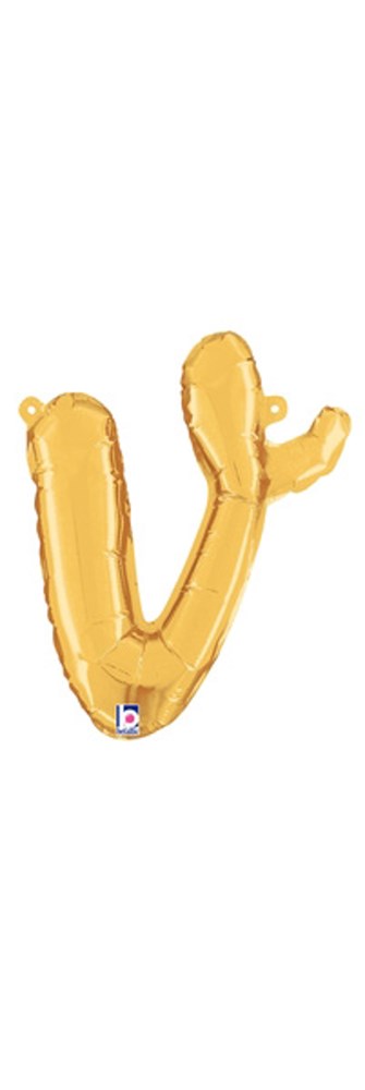 Gold foil balloon shaped like a lowercase script letter "v," air-filled, 10 inches tall.