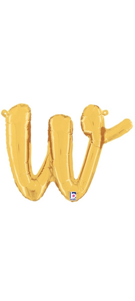 Gold foil balloon shaped as a cursive lowercase letter "w," 13 inches tall, air-filled with included straw.