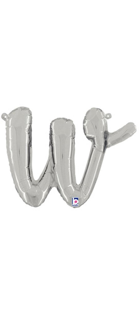 Silver foil balloon shaped like a lowercase script letter "w," 13 inches tall.