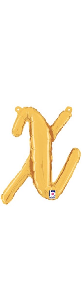 Gold foil balloon shaped like a lowercase script letter "x" inflated and shiny.