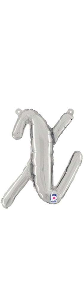Silver foil balloon shaped as a lowercase script letter "x," 15 inches tall, inflated and glossy.