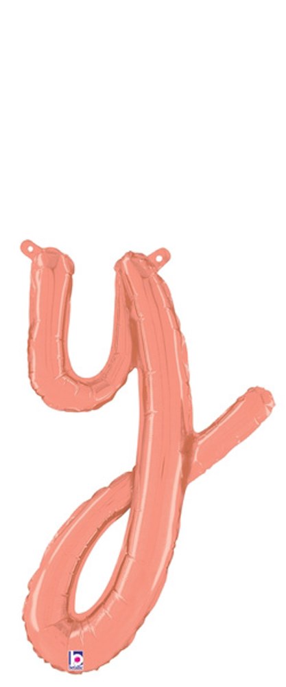 Rose gold foil balloon shaped like a script letter "y," 19 inches tall, air-filled with attached straw.