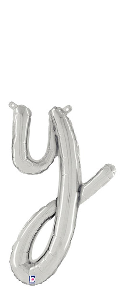 Silver foil balloon shaped as a lowercase script letter "y" with a shiny finish.