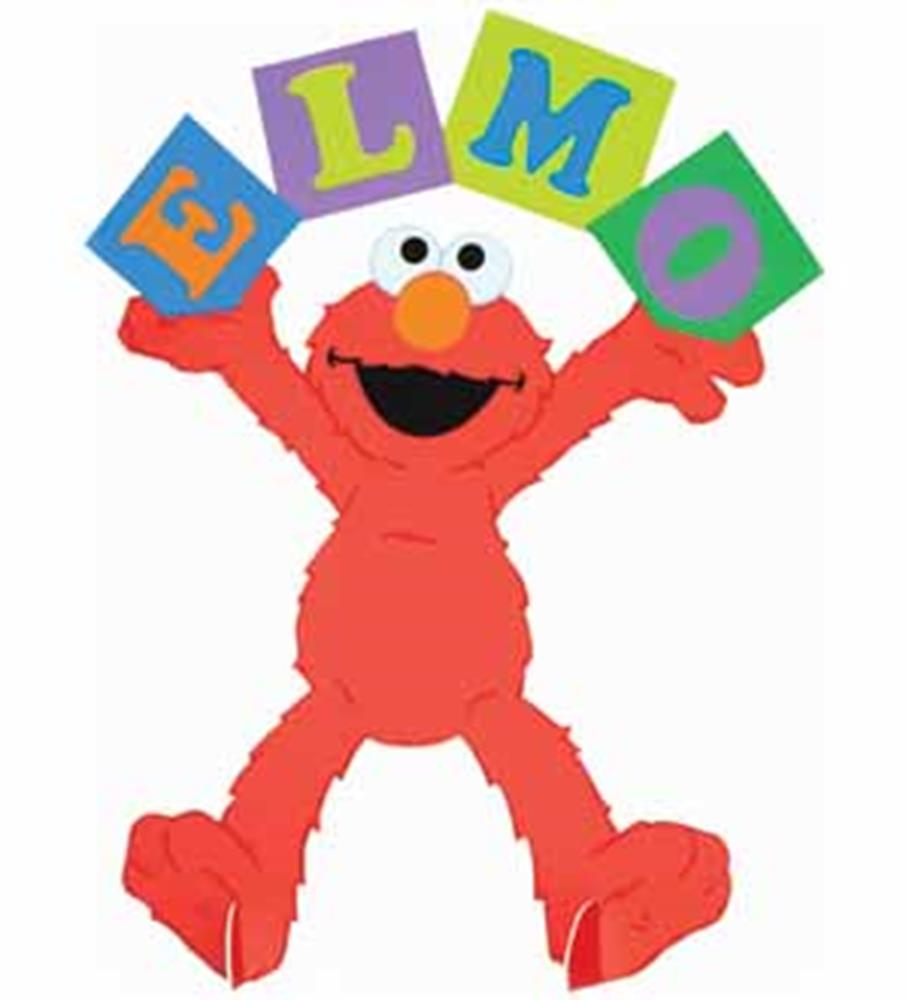 Red Elmo figure holding colorful letter blocks spelling "ELMO" with arms raised animatedly.