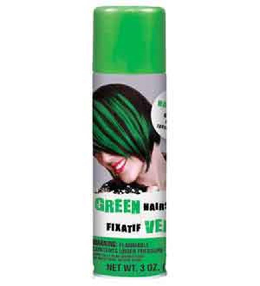 Green hair spray can with bright green cap and label featuring a woman with striped green hair, 3 oz.