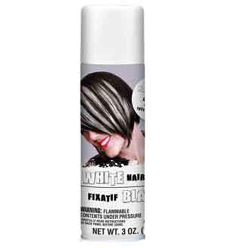 White hair spray can with black and white label and white cap, 3 oz.
