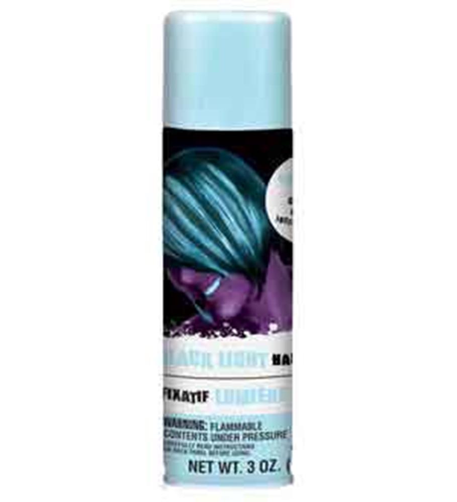 Light blue hair spray can with black label and colorful hair streak graphic, 3 oz.