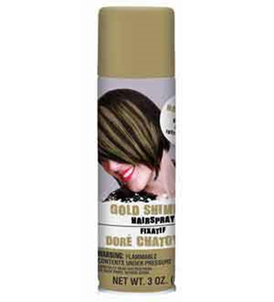Gold shimmer hair spray can with beige cap and label showing hair with gold streaks.