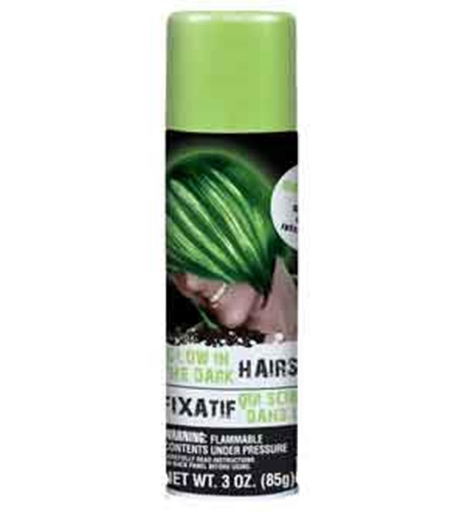 Green glow-in-the-dark hair spray can with black and white label, green cap, 85g.