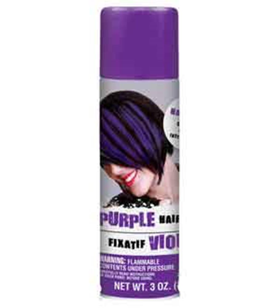 Purple hair spray can with a matching purple cap and label featuring a woman with vibrant purple streaks in her hair.