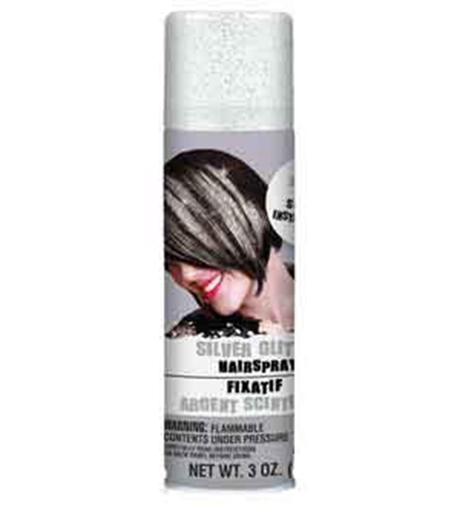 Silver glitter hair spray can with a label showing a woman with short black hair sprayed with silver glitter, 3 oz.