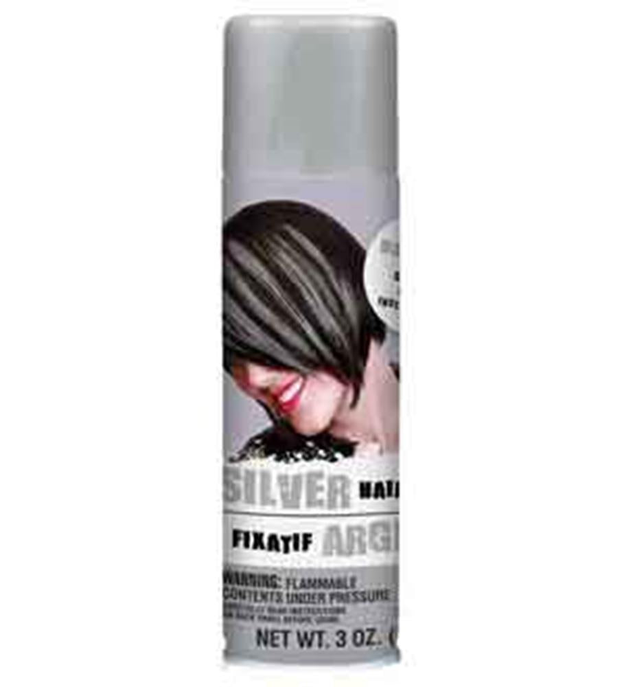 Silver hair spray can with gray cap and label featuring woman with silver streaked hair, 3 oz.